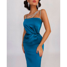 Rhinestone Strap Satin Ruched Party Dress - blue