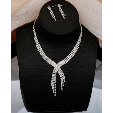 Rhinestone Tassel Design Earrings & Necklace Jewelry Set - silver