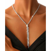 Rhinestone Tassel Design Pearl Pendant Necklace - silver