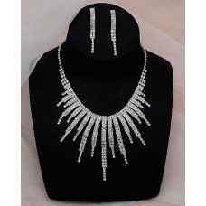 Rhinestone Tassel Drop Earrings & Necklace Jewelry Set - silver