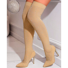 Rhinestone Thigh-high Stiletto Heel Evening Boots - Apricot