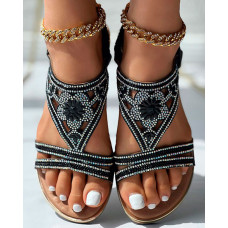 Rhinestone Tribal Floral Pattern Summer Beach Sandals - black