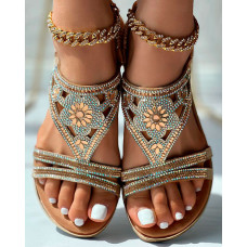 Rhinestone Tribal Floral Pattern Summer Beach Sandals - gold