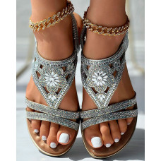 Rhinestone Tribal Floral Pattern Summer Beach Sandals - silver