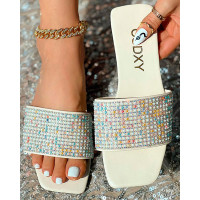 Rhinestone Wide Strap Beach Slippers - beige