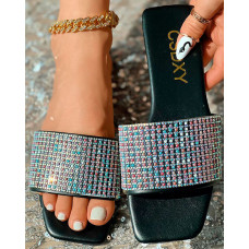 Rhinestone Wide Strap Beach Slippers - black