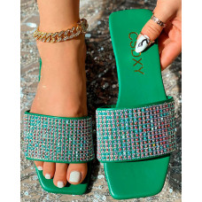 Rhinestone Wide Strap Beach Slippers - green