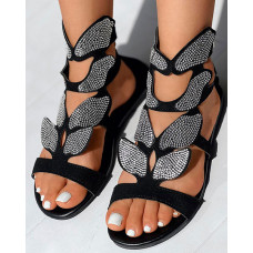 Rhinestone Wings Pattern Hollow Out Sandals - black