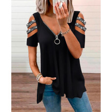 Rhinestone Zipper Design Cutout Sleeve Top - black