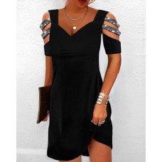 Rhinetone Cutout Cold Shoulder Casual Dress - black