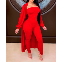 Ribbed Bandeau Jumpsuit With Lantern Sleeve Coat - red