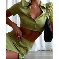 Ribbed Button Front Crop Top & Slit Skirt Set - green