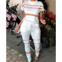 Ribbed Contrast Mesh Top & Drawstring Pants Set - white