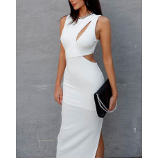 Ribbed Cutout Sleeveless Slit Hem Bodycon Dress - white