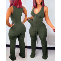 Ribbed Drawstring Crop Tank Top & Pants Set - Army green