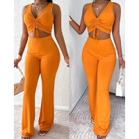 Ribbed Drawstring Crop Tank Top & Pants Set - orange