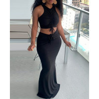 Ribbed Drawstring Sleeveless Top & Maxi Skirt Set - black