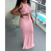 Ribbed Drawstring Sleeveless Top & Maxi Skirt Set - pink