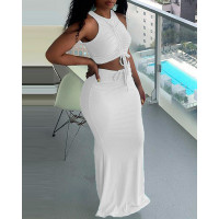 Ribbed Drawstring Sleeveless Top & Maxi Skirt Set - white