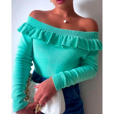 Ribbed Frill Hem Off Shoulder Sweater - green