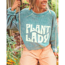 Ribbed Letter Print Long Sleeve Sweatshirt - green