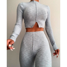 Ribbed Long Sleeve Crop Top & Skinny Pants Set - gray