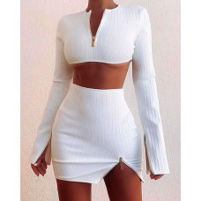 Ribbed Long Sleeve Crop Top & Zipper Design Skirt Set - white