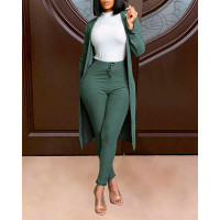 Ribbed Long Sleeve Open Front Coat & Pants Set - dark green