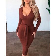 Ribbed Long Sleeve Tied Detail Bodycon Dress - coffee