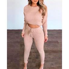 Ribbed Long Sleeve Top & Drawstring Pants Set - pink