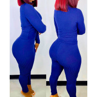 Ribbed Long Sleeve Top & Skinny Pants Set - blue