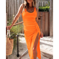 Ribbed Sleeveless Drawstring Ruched High Slit Dress - orange