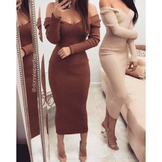 Ribbed Slit Long Sleeve Knit Maxi Dress - beige,black,brown