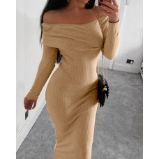 Ribbed Slit Long Sleeve Skinny Midi Dress - beige,black,brown