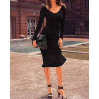 Ribbed Slit Long Sleeve Skinny Midi Dress - black