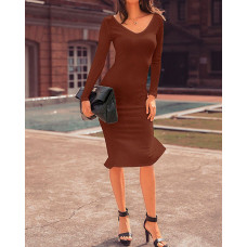 Ribbed Slit Long Sleeve Skinny Midi Dress - brown