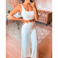 Ribbed Tank Crop Top & Wide Leg Pants Set - white