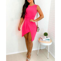 Ribbed Tied Detail Asymmetrical Bodycon Dress - hot pink