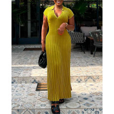 Ribbed Turn Down Collar Casual Maxi Dress - green