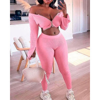 Ribbed Zipper Design Top & High Waist Pants Set - pink