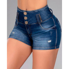 Ripped Button Fly Denim Shorts - purplish blue