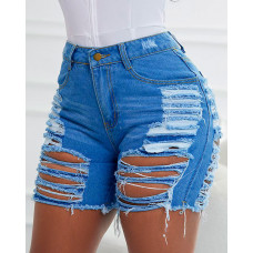 Ripped Cutout Buttoned Denim Shorts - blue