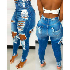 Ripped Cutout High Waist Jeans - blue