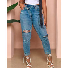 Ripped Cutout High Waist Jeans - Lighted Blue