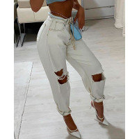 Ripped Cutout High Waist Pocket Design Jeans - white