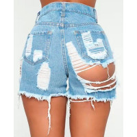 Ripped Cutout High Waisted Fringe Hem Denim Shorts - blue