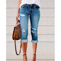 Ripped Low Waist Capris Denim Pants - blue