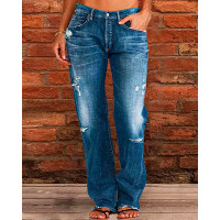 Ripped Low Waist Straight Leg Jeans - blue