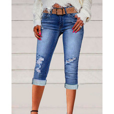 Ripped Pocket Design Capris Denim Pants - blue