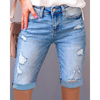 Ripped Pocket Design Denim Shorts - blue